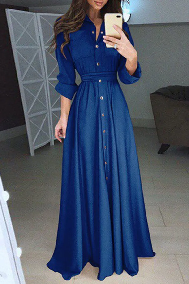 Elegant Solid Frenulum Turndown Collar Shirt Dress Dresses