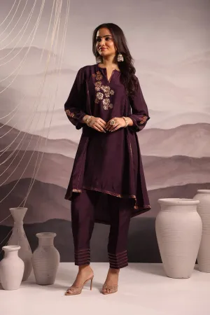 embroidered high-low silk kurta set