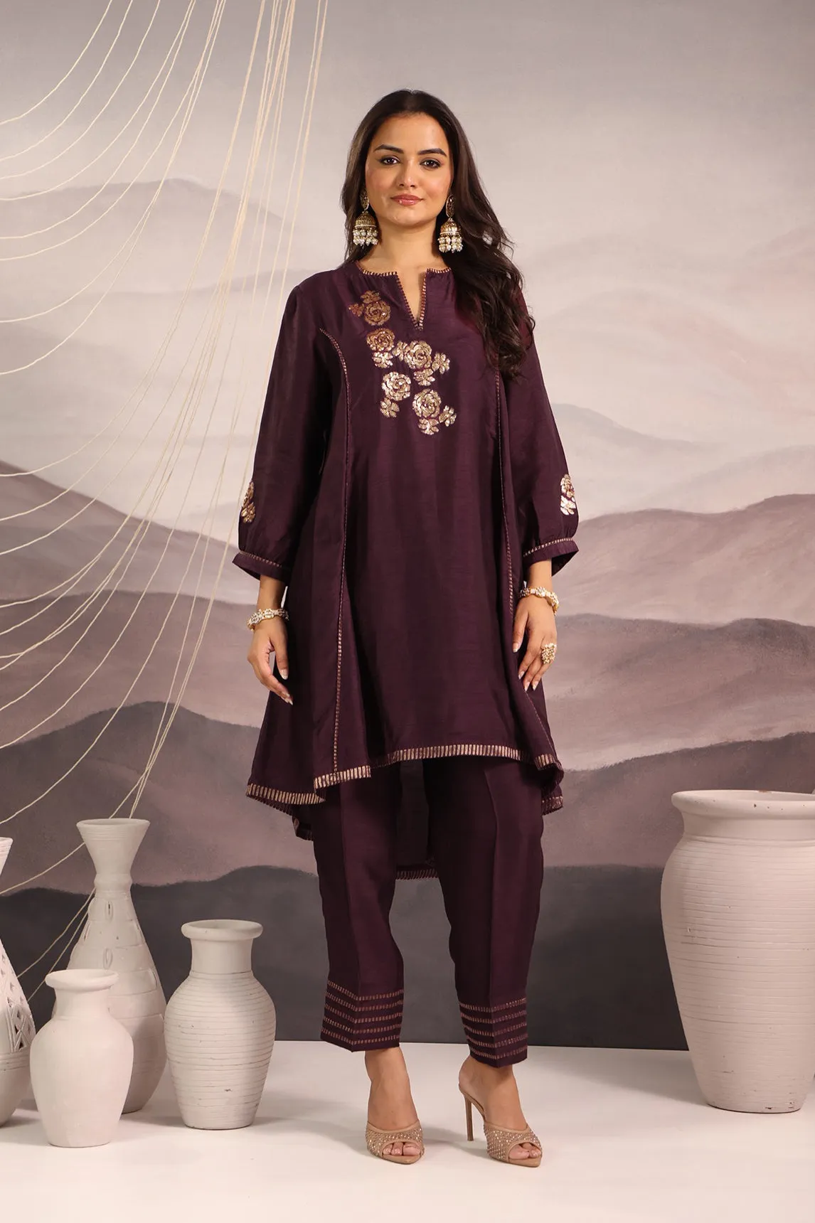 embroidered high-low silk kurta set