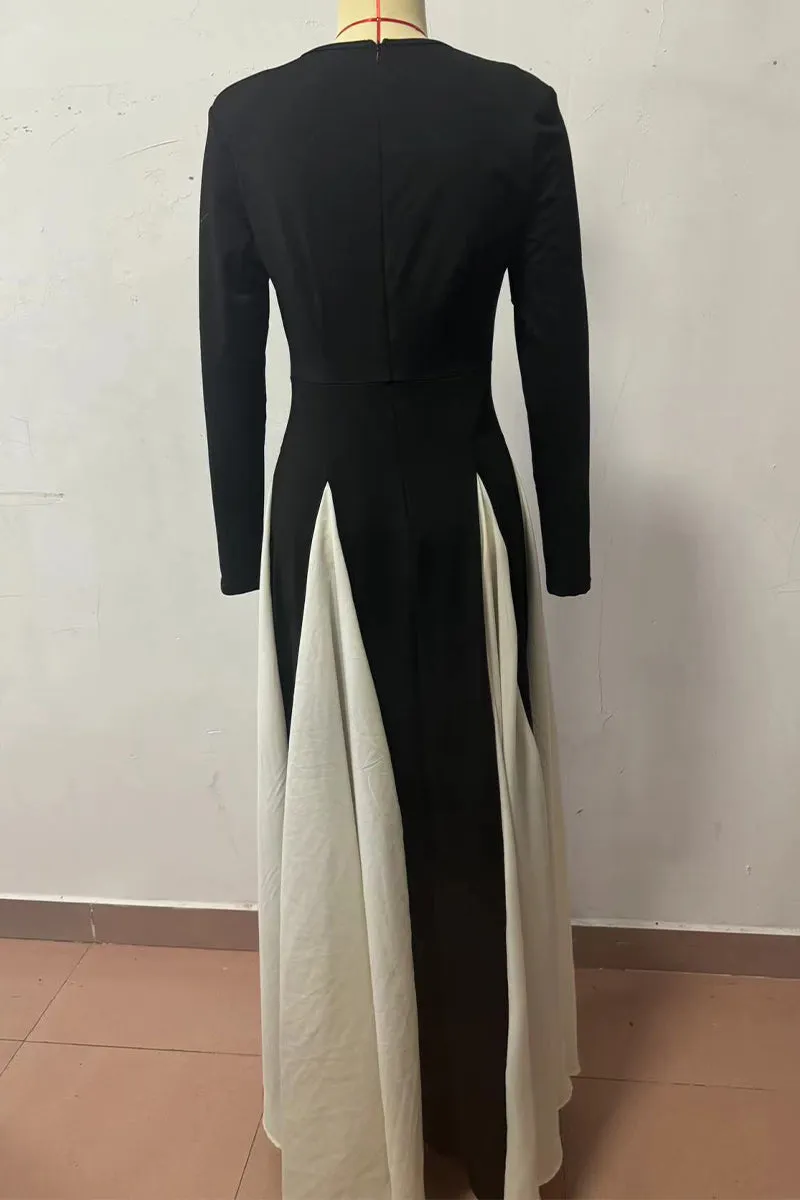 Flytonn- Elegant Solid Color Contrast O Neck Long Dresses