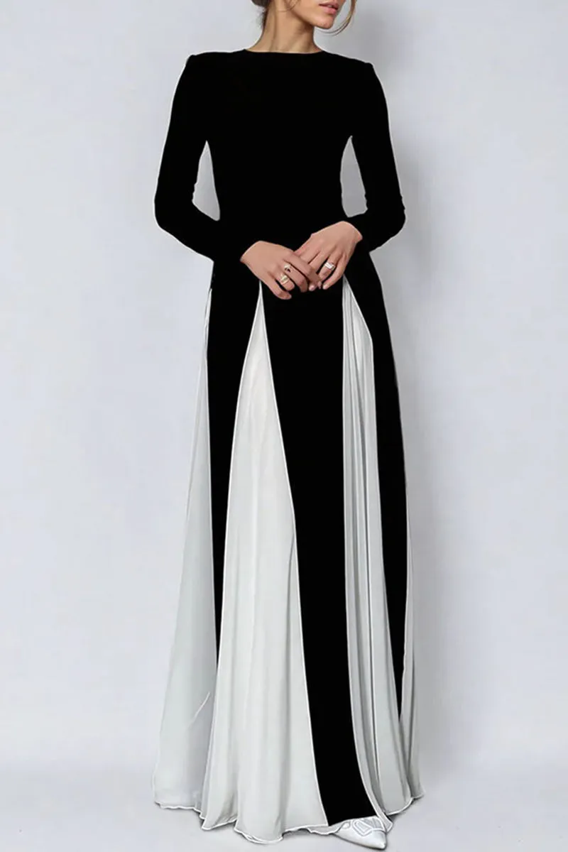 Flytonn- Elegant Solid Color Contrast O Neck Long Dresses