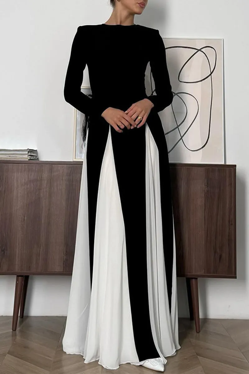 Flytonn- Elegant Solid Color Contrast O Neck Long Dresses