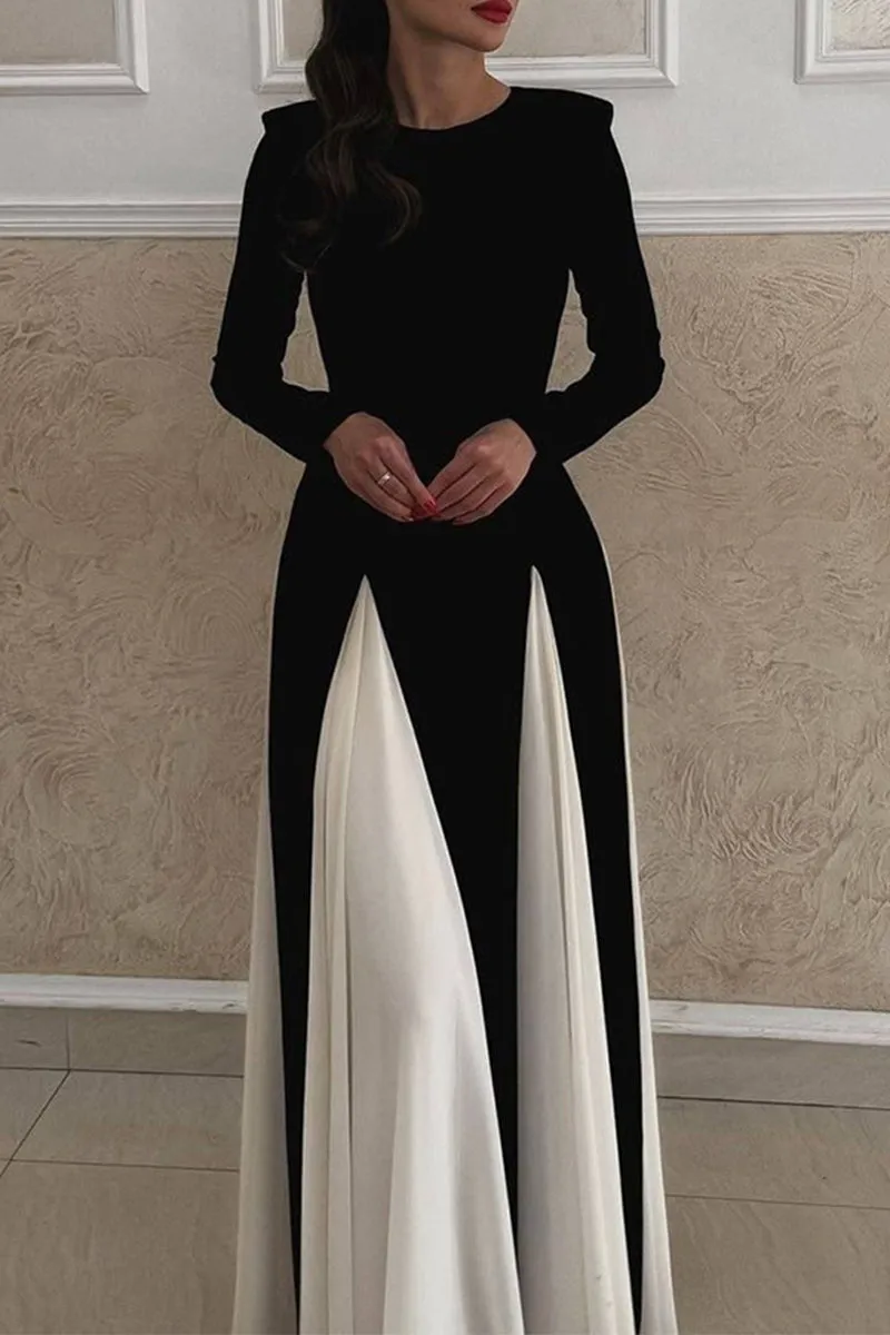 Flytonn- Elegant Solid Color Contrast O Neck Long Dresses