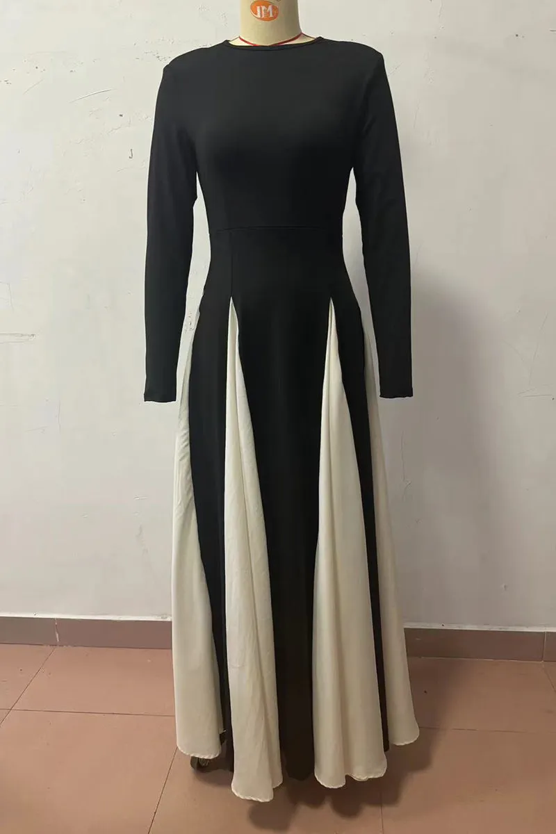 Flytonn- Elegant Solid Color Contrast O Neck Long Dresses