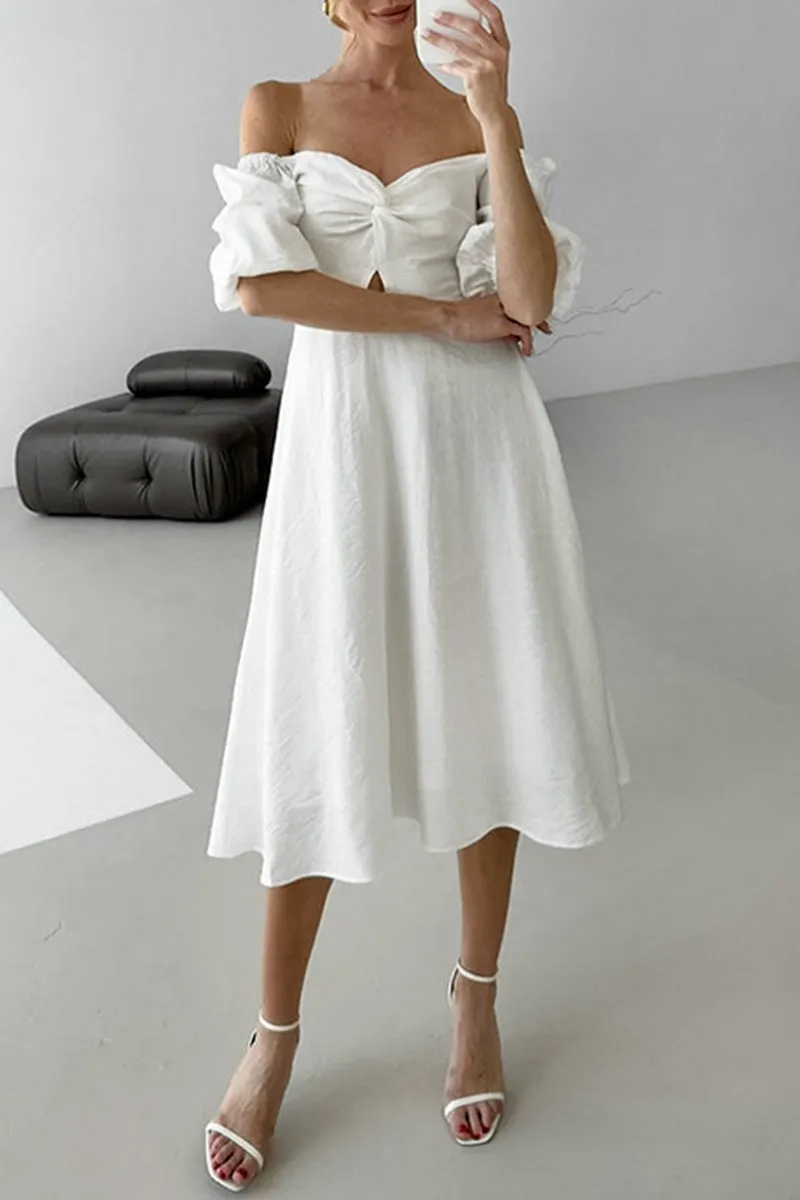 Flytonn- Elegant Solid Color Ruched Off Shoulder A Line Dresses