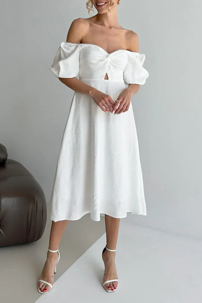 Flytonn- Elegant Solid Color Ruched Off Shoulder A Line Dresses