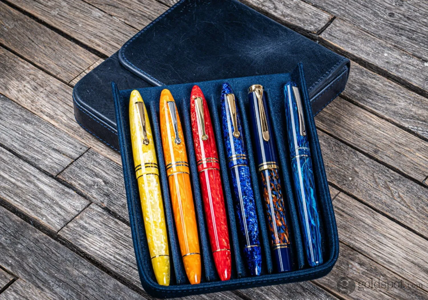 Galen Leather Magnum Opus Six Pen Hard Case with Removable Pen Tray in Crazy Horse Navy Blue