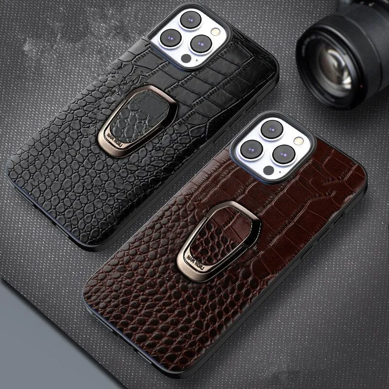 Genuine Leather Phone Case With Metal Ring Bracket For iPhone