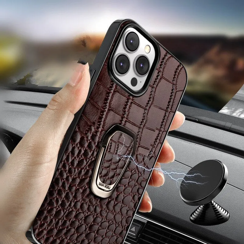 Genuine Leather Phone Case With Metal Ring Bracket For iPhone