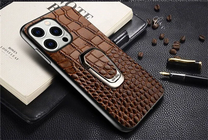 Genuine Leather Phone Case With Metal Ring Bracket For iPhone