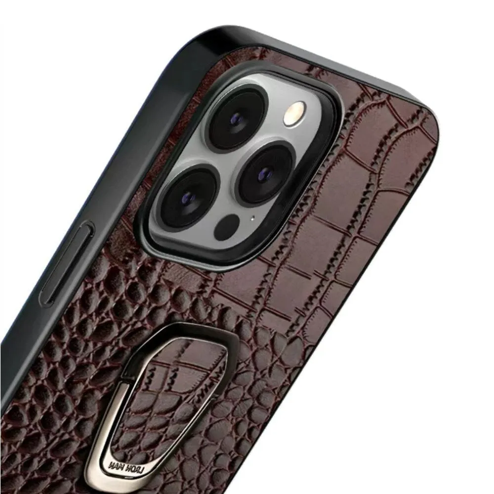 Genuine Leather Phone Case With Metal Ring Bracket For iPhone