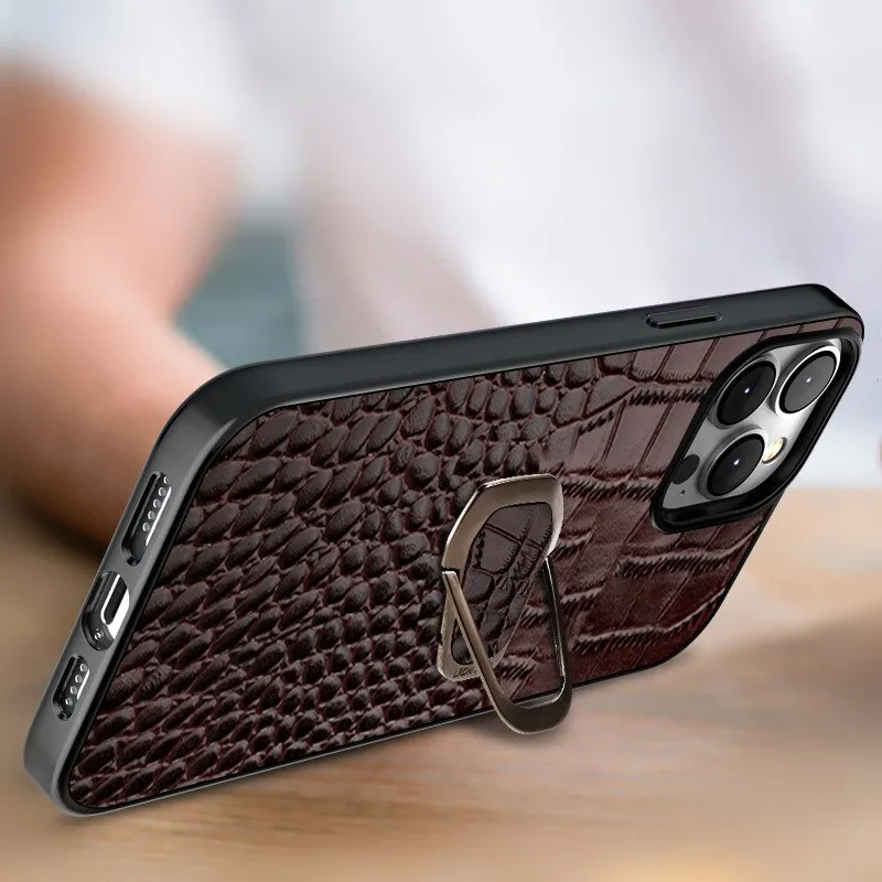 Genuine Leather Phone Case With Metal Ring Bracket For iPhone