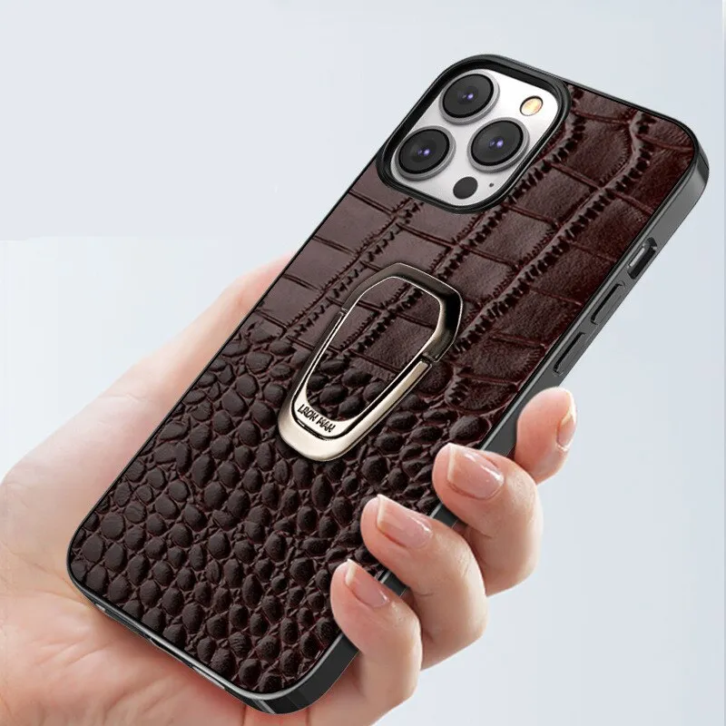 Genuine Leather Phone Case With Metal Ring Bracket For iPhone