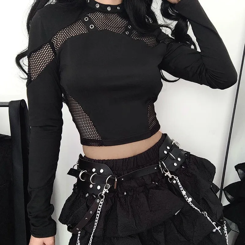 Gothic Dark Skinny Women T-shirts Fishnet Spliced Harajuku Crop Top Hollow Out Eyelet Punk Tee Shirt Stand Collar New