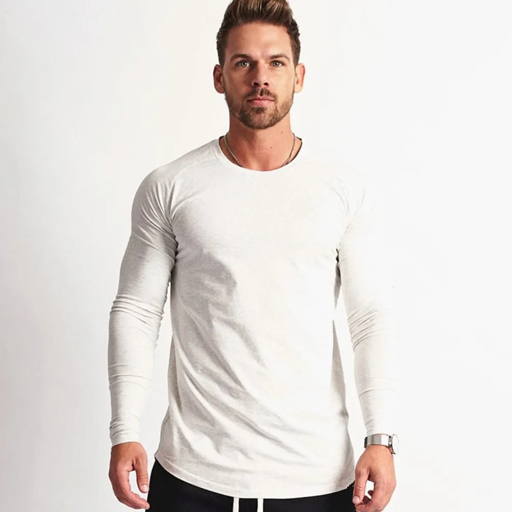 Gym Fitness T-shirt Men Casual Long Sleeve Cotton Shirt Male Bodybuilding Workout Skinny Tee Tops Autumn Running Sport Clothing