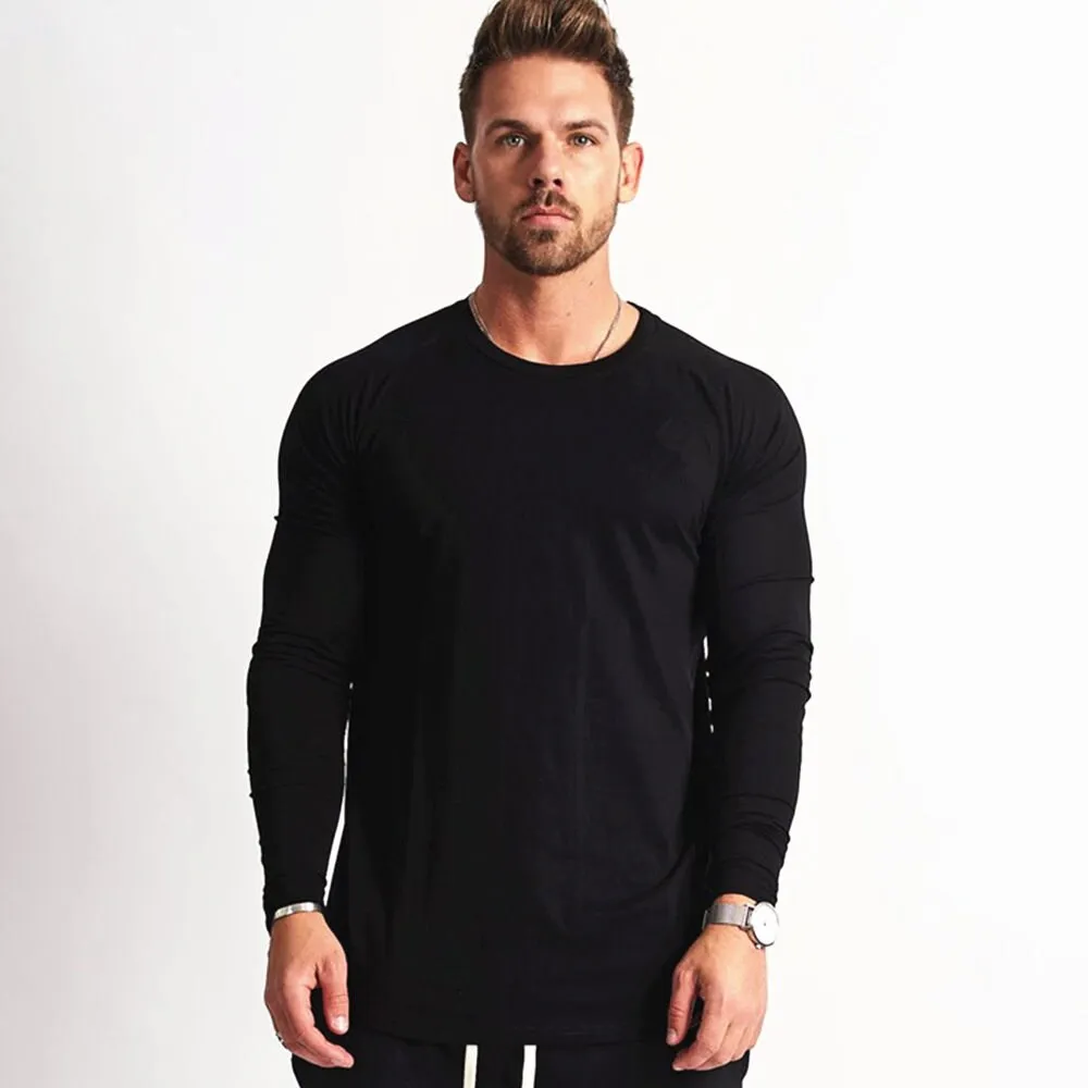 Gym Fitness T-shirt Men Casual Long Sleeve Cotton Shirt Male Bodybuilding Workout Skinny Tee Tops Autumn Running Sport Clothing