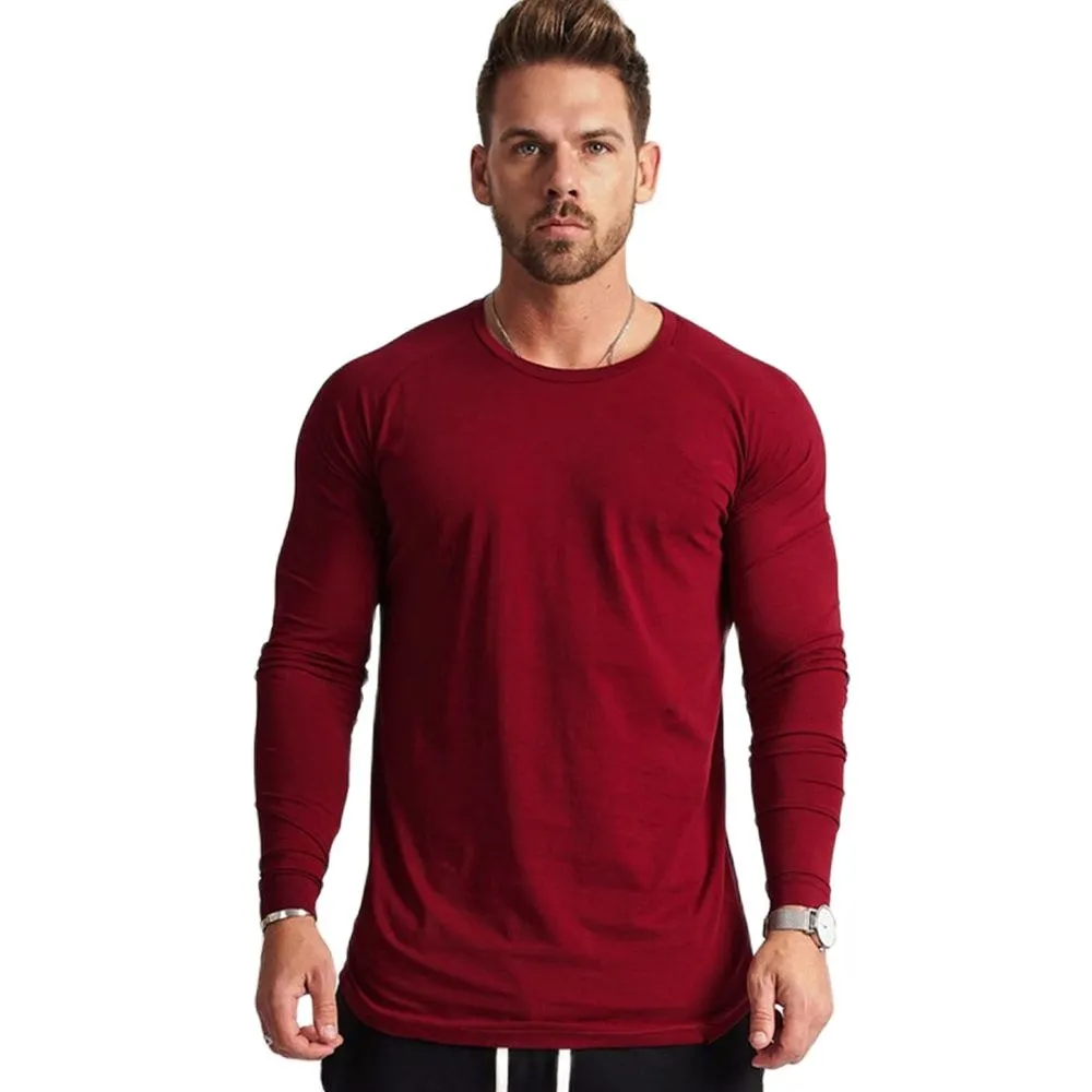 Gym Fitness T-shirt Men Casual Long Sleeve Cotton Shirt Male Bodybuilding Workout Skinny Tee Tops Autumn Running Sport Clothing