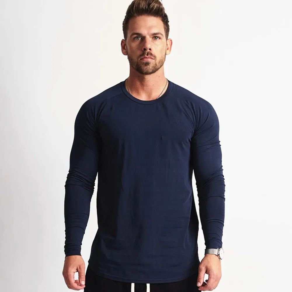 Gym Fitness T-shirt Men Casual Long Sleeve Cotton Shirt Male Bodybuilding Workout Skinny Tee Tops Autumn Running Sport Clothing