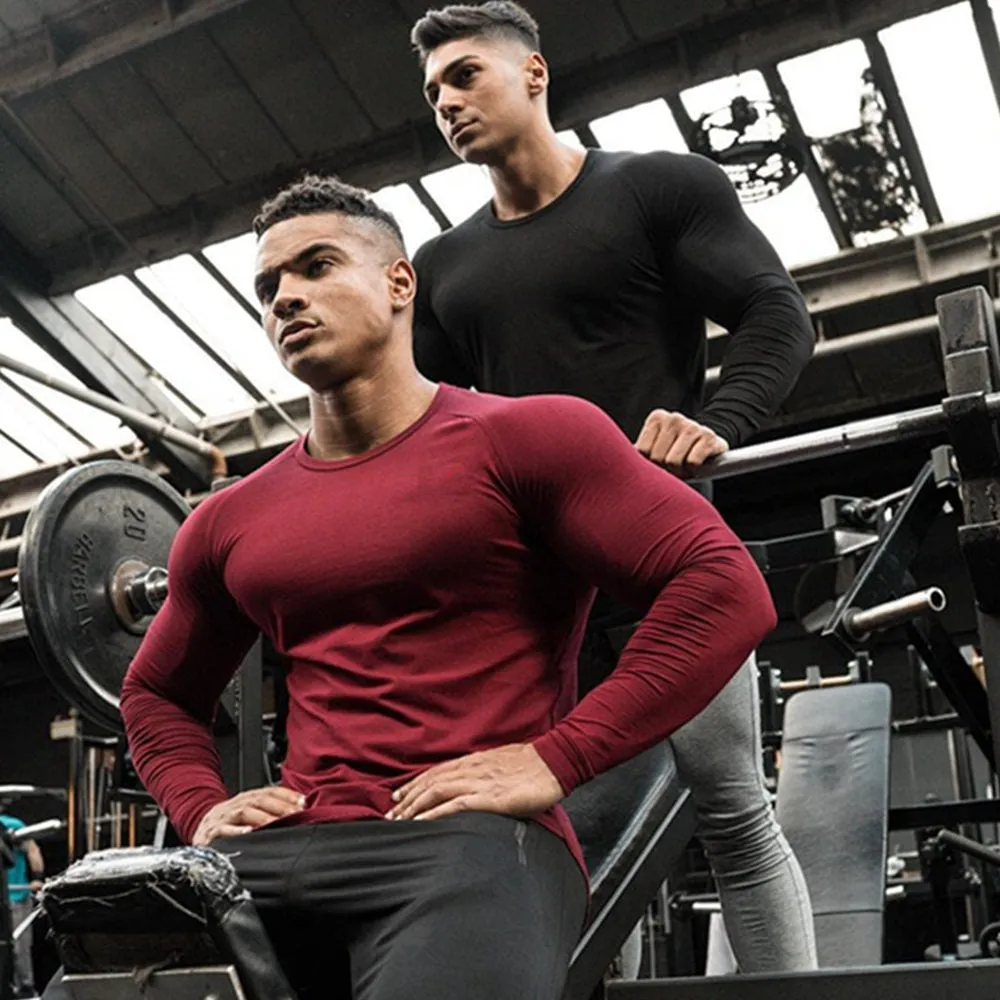 Gym Fitness T-shirt Men Casual Long Sleeve Cotton Shirt Male Bodybuilding Workout Skinny Tee Tops Autumn Running Sport Clothing