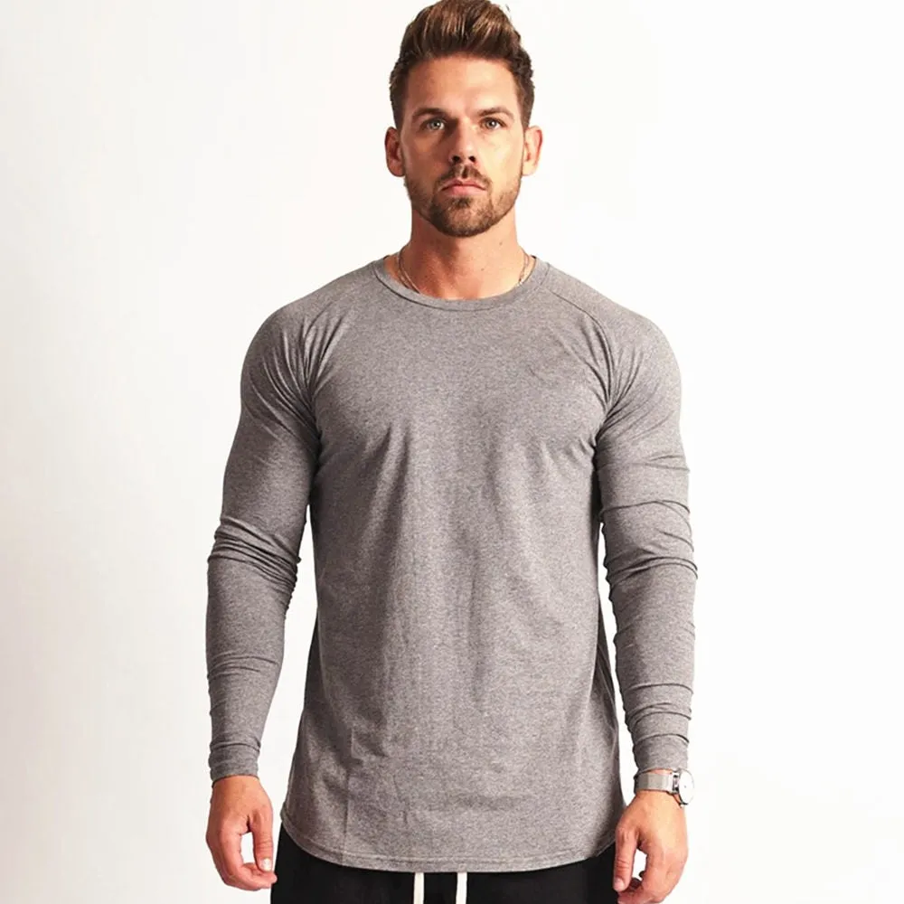 Gym Fitness T-shirt Men Casual Long Sleeve Cotton Shirt Male Bodybuilding Workout Skinny Tee Tops Autumn Running Sport Clothing