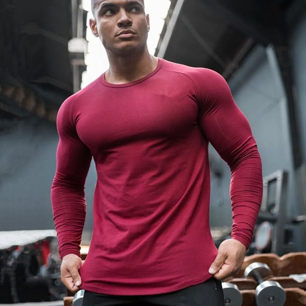 Gym Fitness T-shirt Men Casual Long Sleeve Cotton Shirt Male Bodybuilding Workout Skinny Tee Tops Autumn Running Sport Clothing