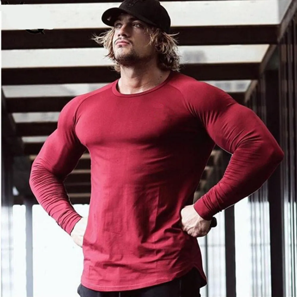 Gym Fitness T-shirt Men Casual Long Sleeve Cotton Shirt Male Bodybuilding Workout Skinny Tee Tops Autumn Running Sport Clothing