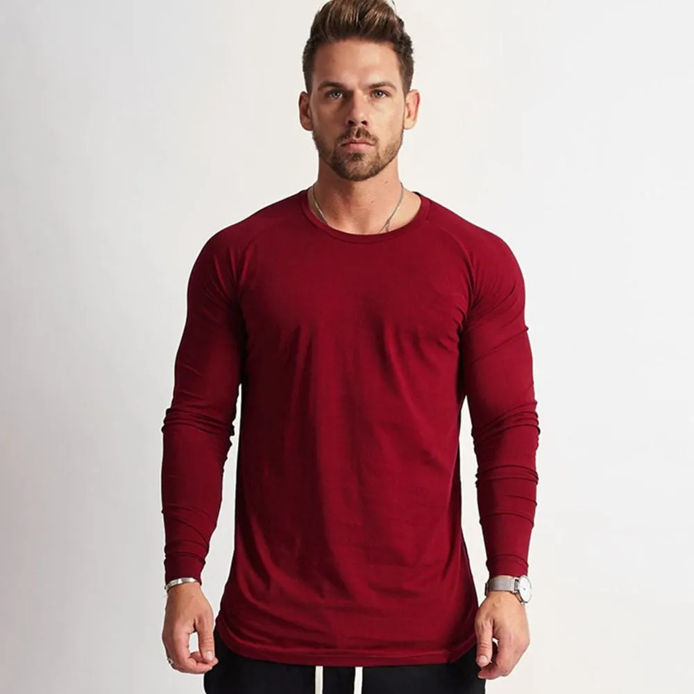 Gym Fitness T-shirt Men Casual Long Sleeve Cotton Shirt Male Bodybuilding Workout Skinny Tee Tops Autumn Running Sport Clothing