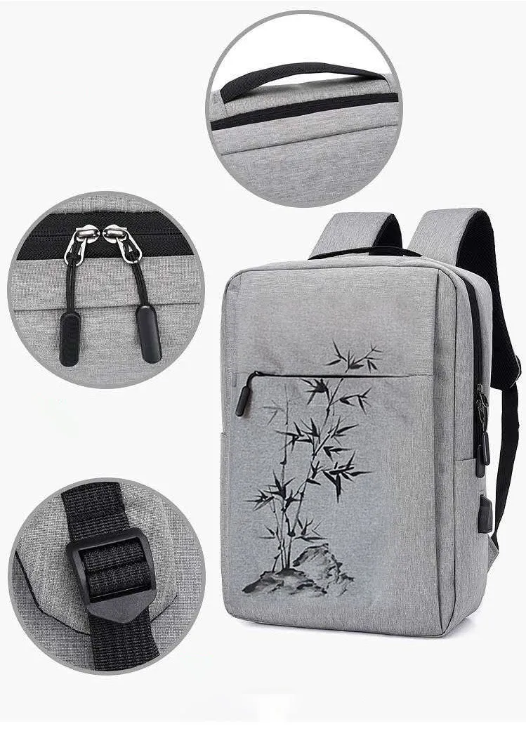 Hand Painted Bamboo Pattern Canvas Backpack Laptop Bag Schoolbag