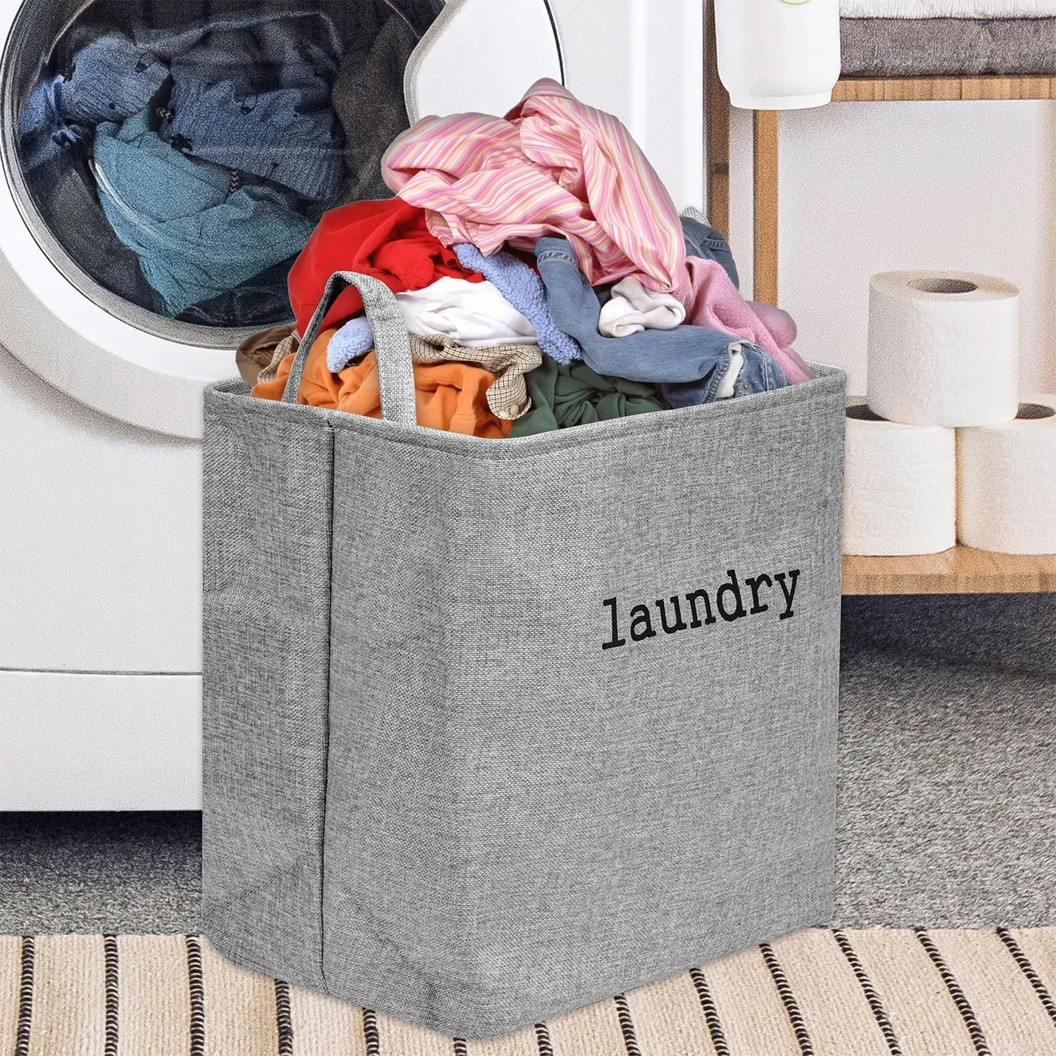 Heart Home Laundry Basket | Square Foldable Laundry Basket | Jute Storage Bag with Handles | Clothes Basket for Home | Toy Storage Basket | 40 LTR | Gray