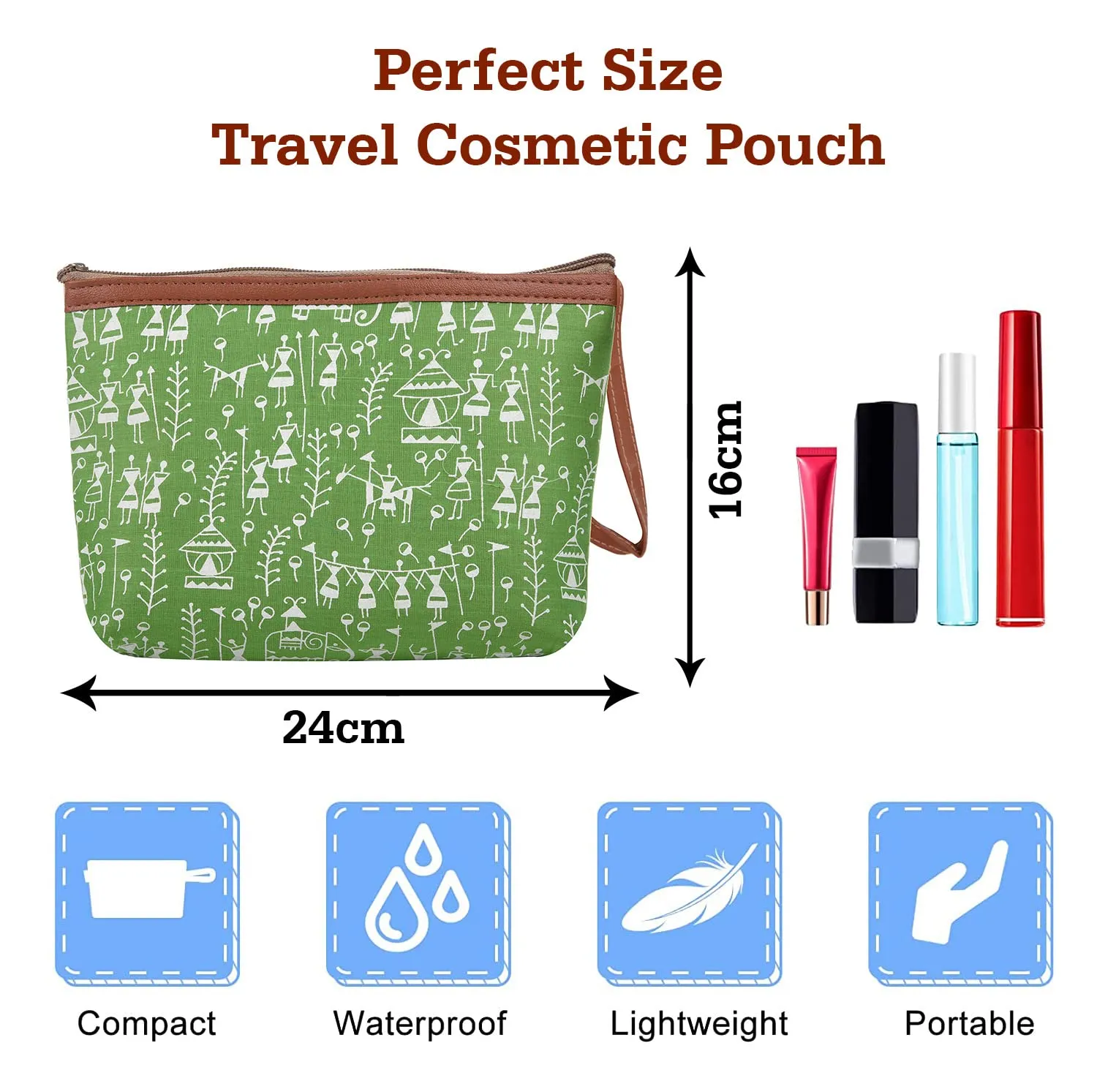 Heart Home Toiletry Pouch|Warli Print Travel Cosmetic Pouch|Canvas Waterproof Makeup Pouch with Handle|Pack of 2 (Green)