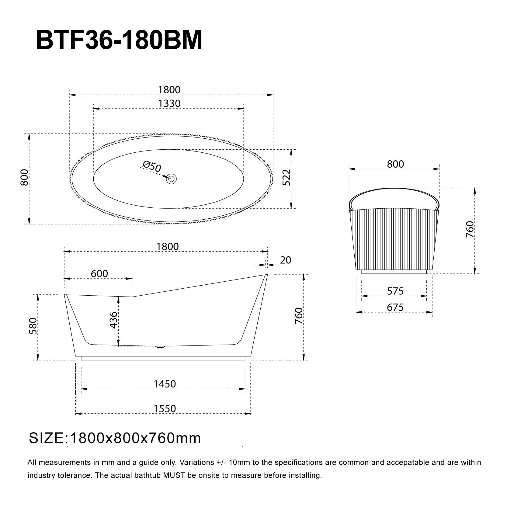 Helena 1800mm V-Groove Fluted Large Free Standing Bathtub Matte Black