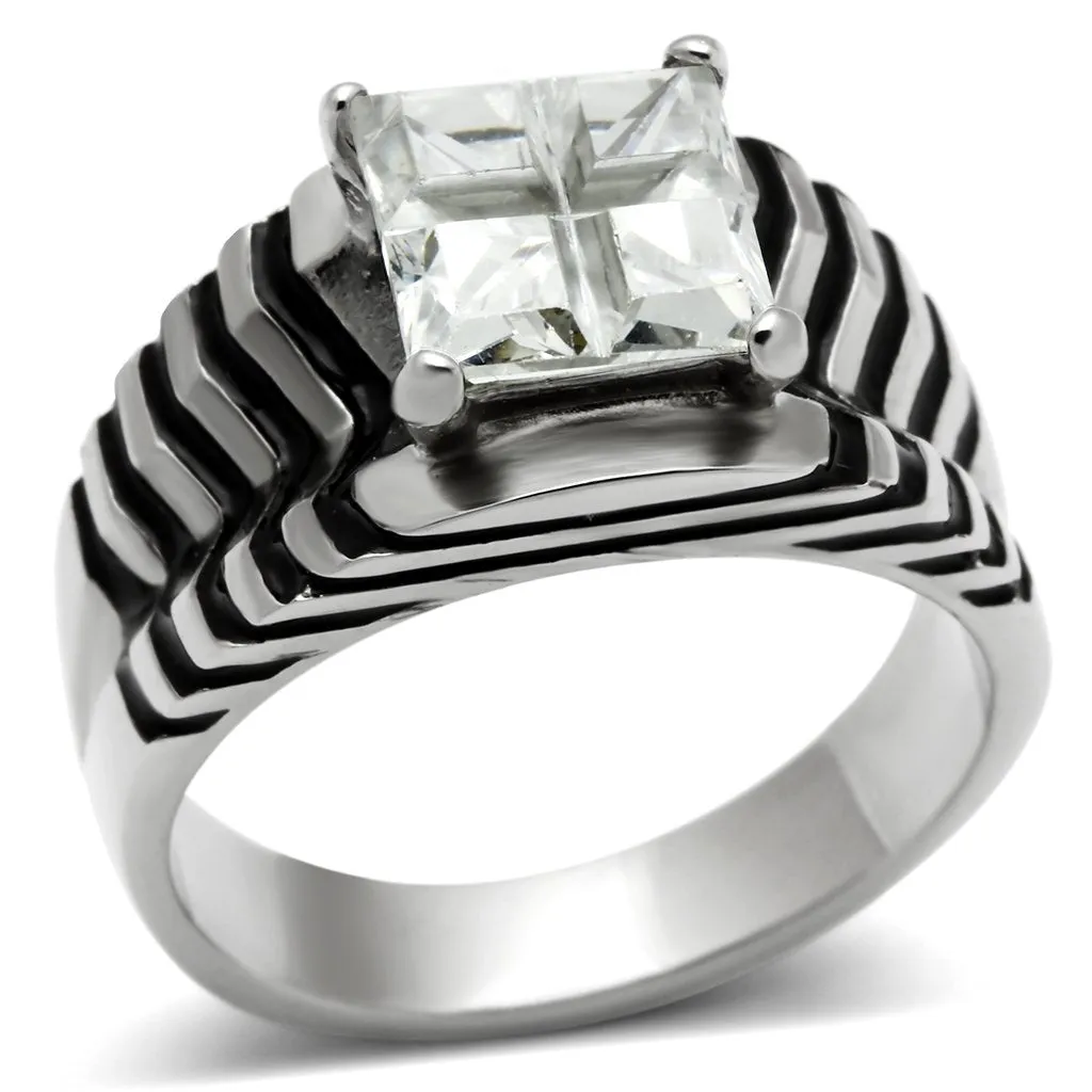 High polished (no plating) Stainless Steel Ring with AAA Grade CZ in Clear for Women Style TK393