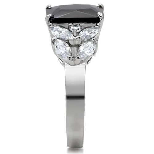 High polished (no plating) Stainless Steel Ring with AAA Grade CZ in Jet for Women Style TK182