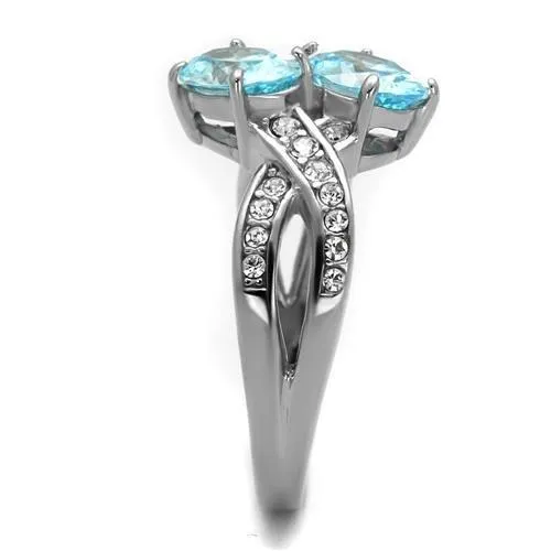 High polished (no plating) Stainless Steel Ring with AAA Grade CZ in Sea Blue for Women Style TK2501