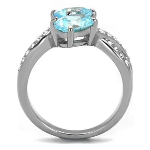 High polished (no plating) Stainless Steel Ring with AAA Grade CZ in Sea Blue for Women Style TK2501