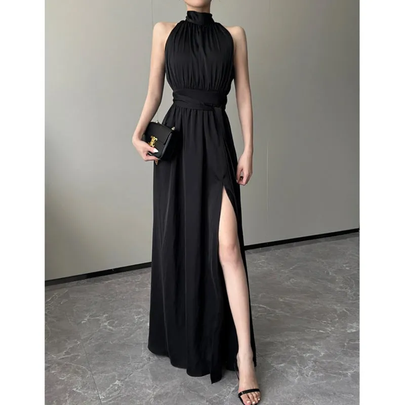 IKEARLAX  Elegant High-Grade Black Long Dress Women's New Light Luxury Sleeveless Socialite Date Dress Birthday Dress