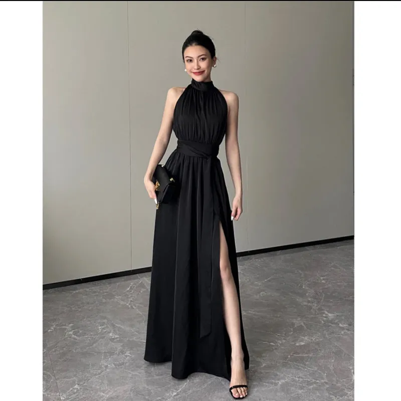 IKEARLAX  Elegant High-Grade Black Long Dress Women's New Light Luxury Sleeveless Socialite Date Dress Birthday Dress