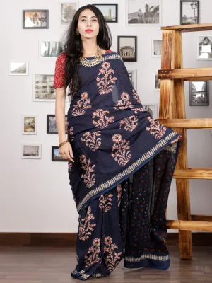 Indigo Red White Hand Block Printed Cotton Mul Saree - S031703008