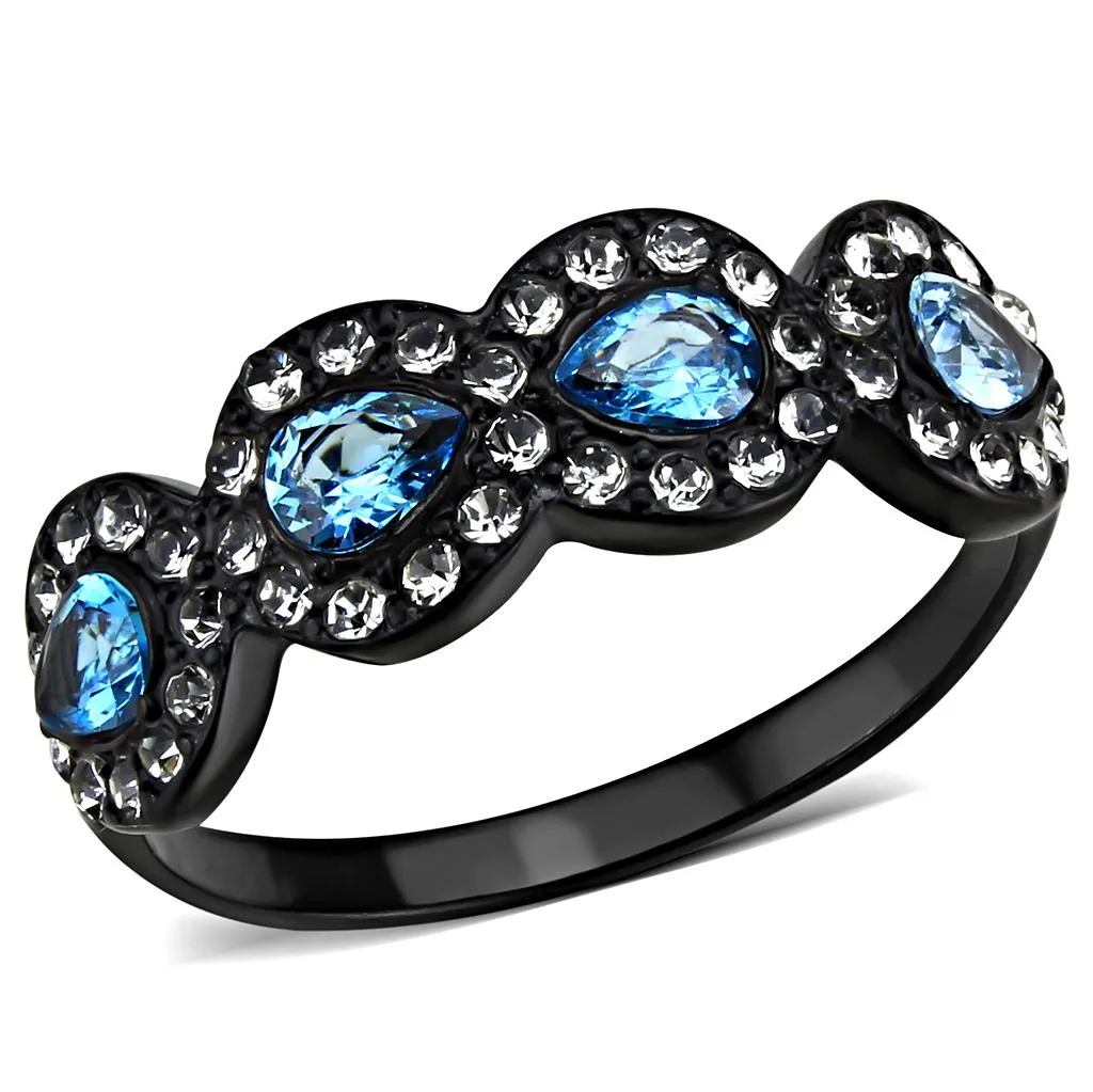 IP Black(Ion Plating) Stainless Steel Ring with AAA Grade CZ in Sea Blue for Women Style TK3559