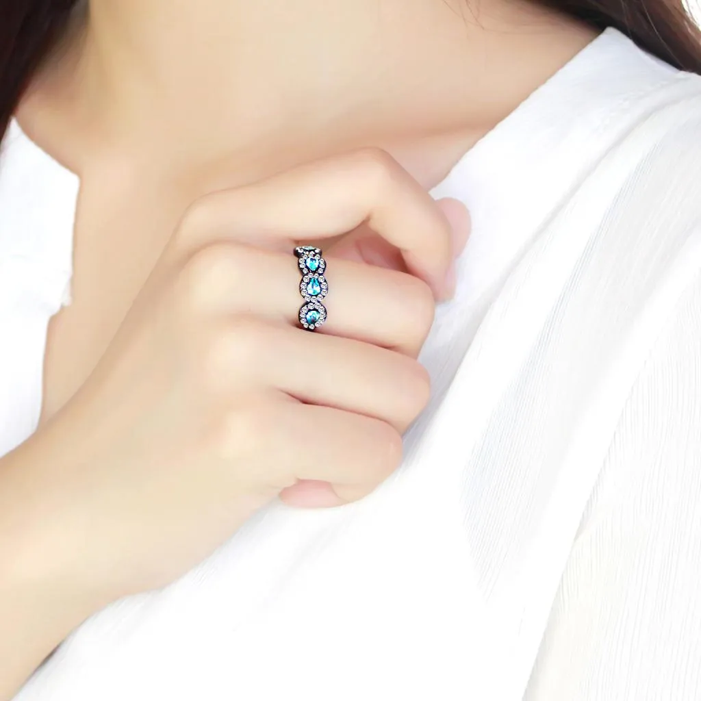 IP Black(Ion Plating) Stainless Steel Ring with AAA Grade CZ in Sea Blue for Women Style TK3559