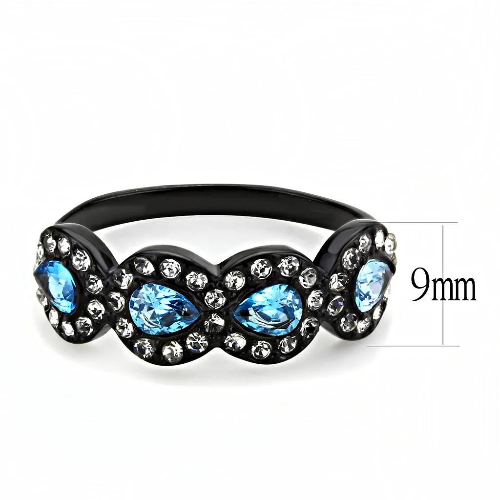 IP Black(Ion Plating) Stainless Steel Ring with AAA Grade CZ in Sea Blue for Women Style TK3559