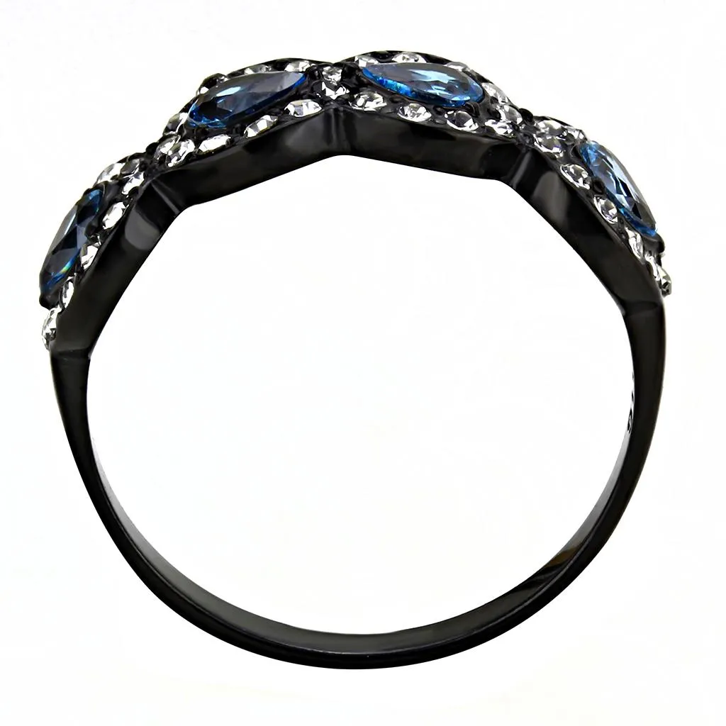 IP Black(Ion Plating) Stainless Steel Ring with AAA Grade CZ in Sea Blue for Women Style TK3559