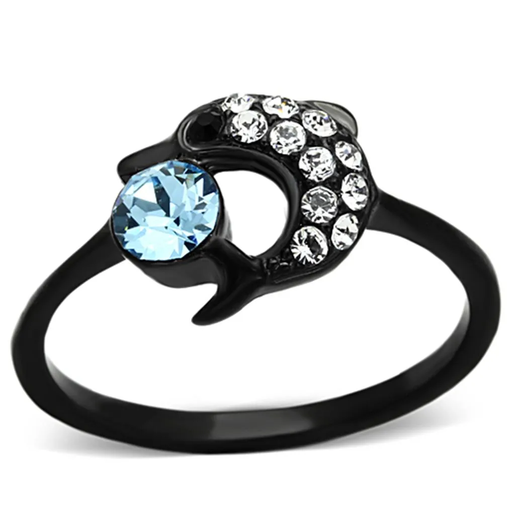 IP Black(Ion Plating) Stainless Steel Ring with Top Grade Crystal in Sea Blue for Women Style TK1302