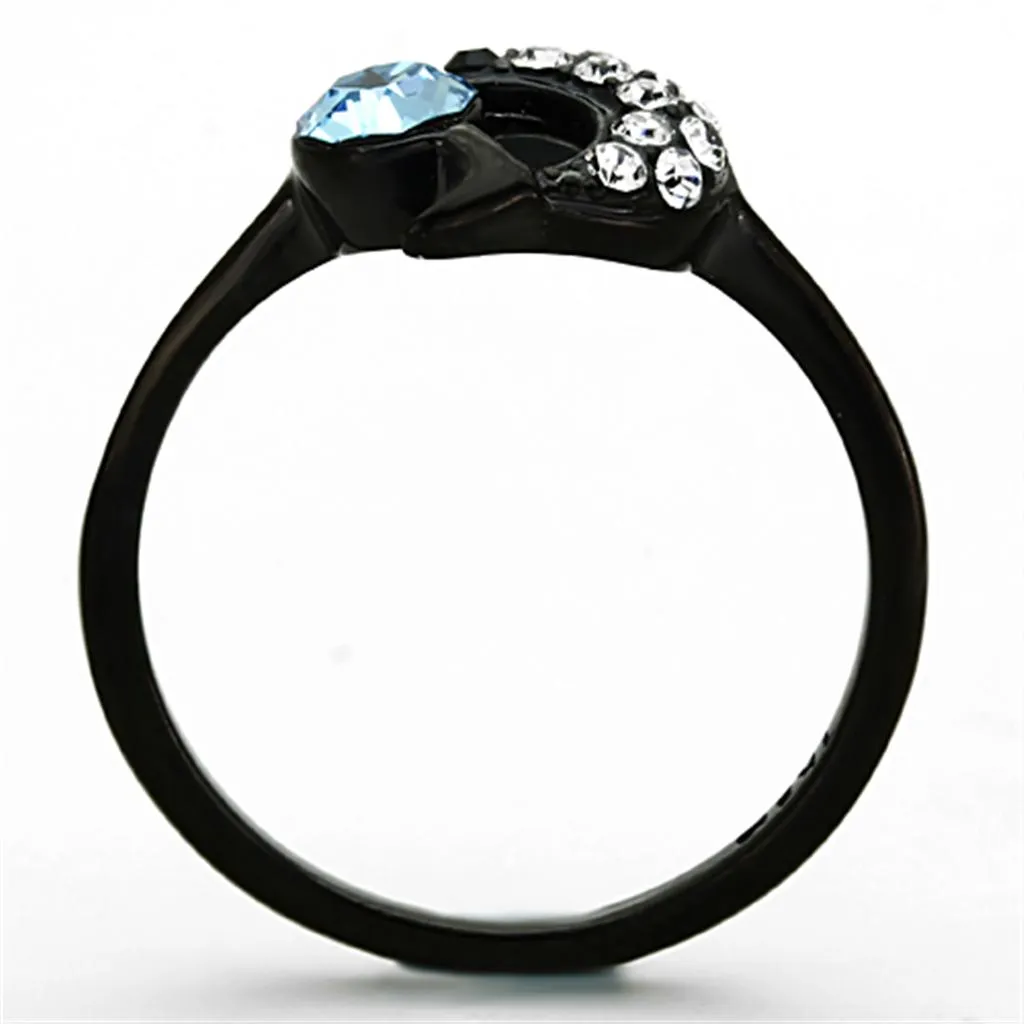 IP Black(Ion Plating) Stainless Steel Ring with Top Grade Crystal in Sea Blue for Women Style TK1302