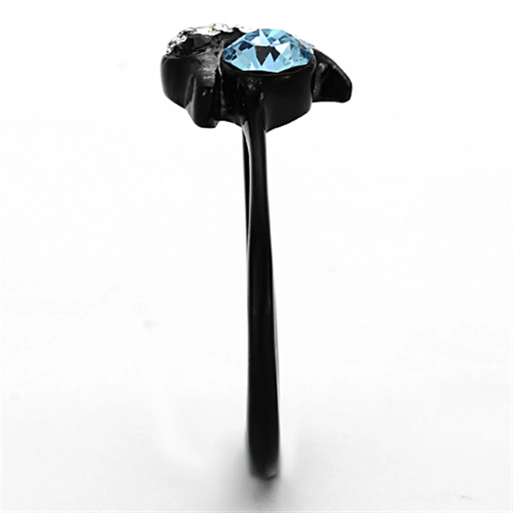 IP Black(Ion Plating) Stainless Steel Ring with Top Grade Crystal in Sea Blue for Women Style TK1302