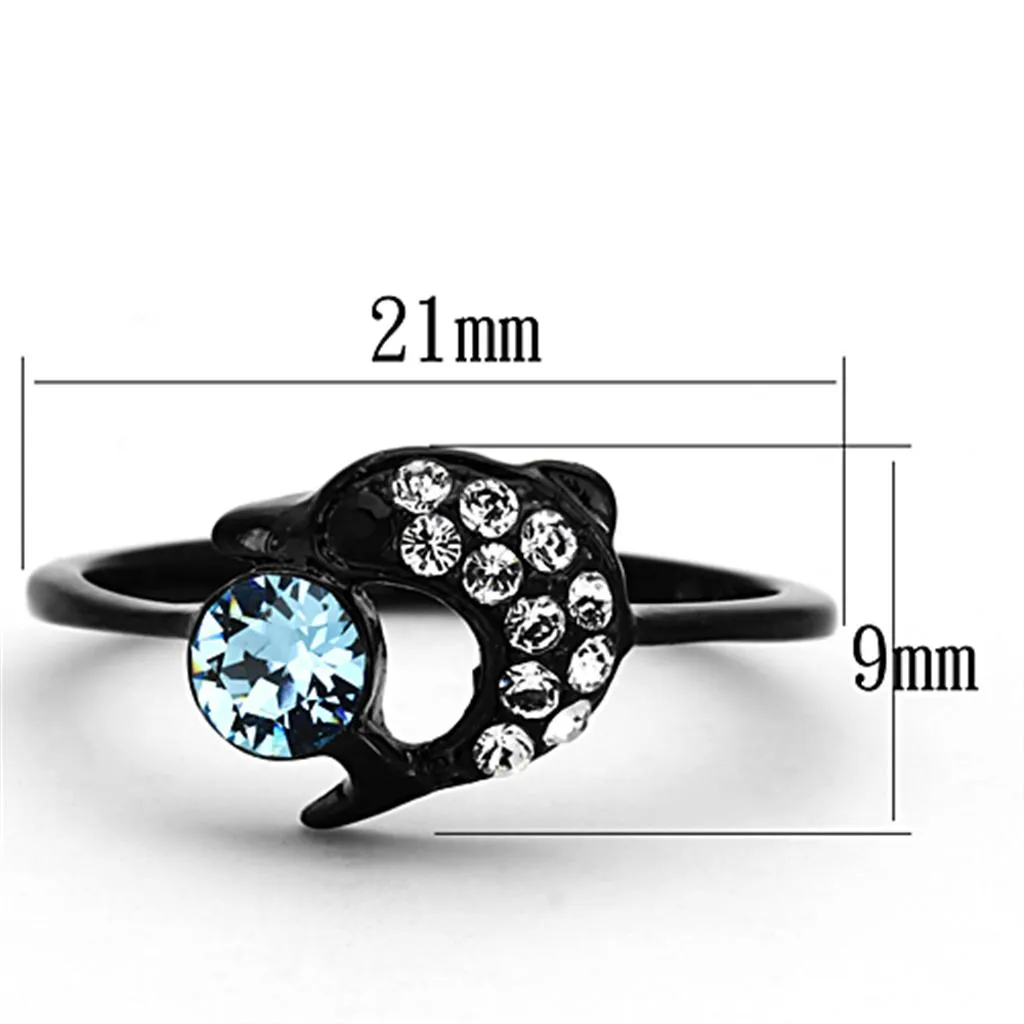 IP Black(Ion Plating) Stainless Steel Ring with Top Grade Crystal in Sea Blue for Women Style TK1302