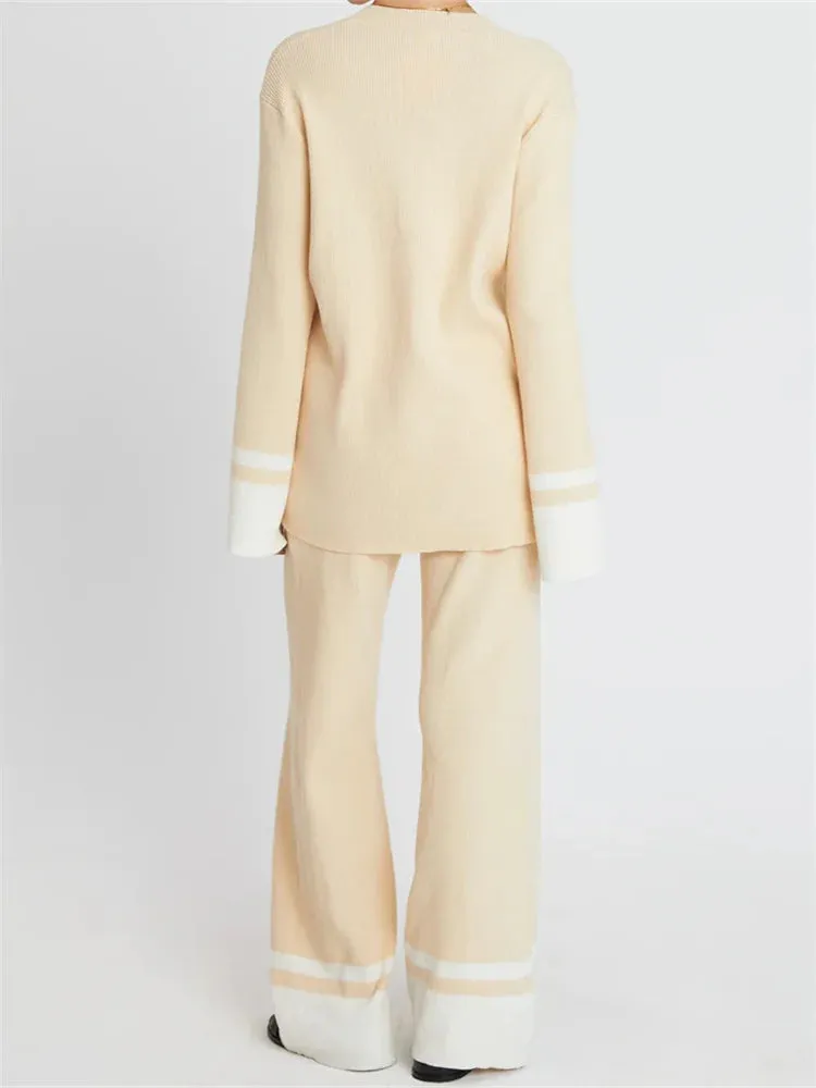 JuliaFashion - Elegant Contrast Color Sweaters Pants Suits