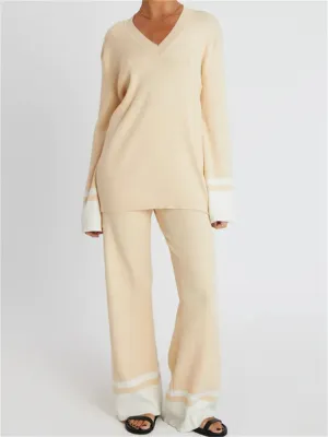 JuliaFashion - Elegant Contrast Color Sweaters Pants Suits