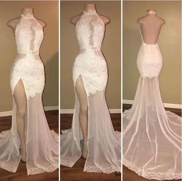 kamahe Elegant White Lace Halter Prom Party GownsMermaid Backless Party Dress With Slit