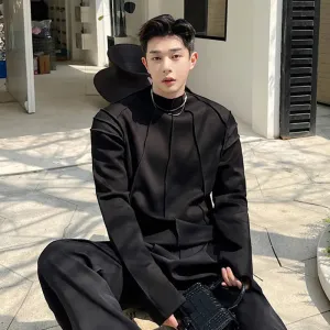 Korean Style Long Sleeve T-shirt Trend Men's Handsome Pullover Niche Design Silhouette Lines Fashion Solid Color Tee 9C1461